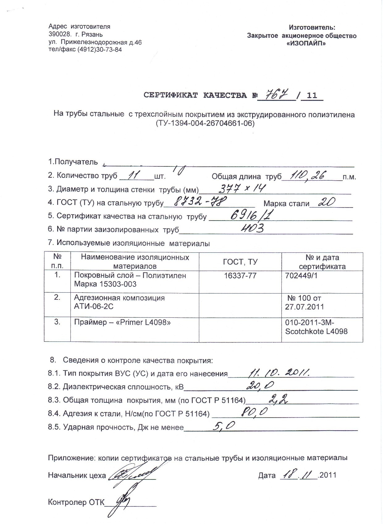 Сертификат на трубы стальные в изоляции 377х14